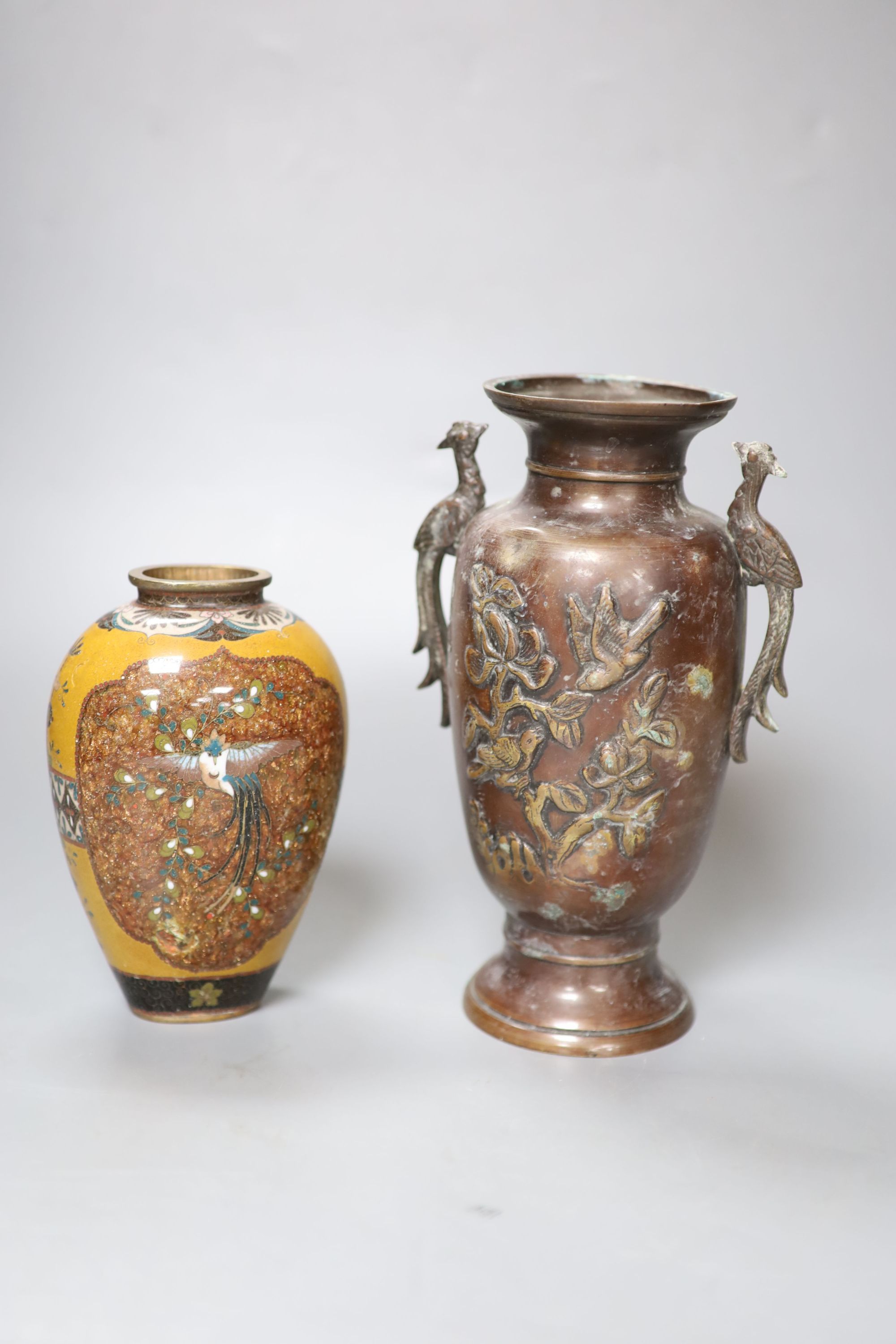 Seven Japanese vases including one bronze, five cloisonne enamel and a patinated bronze bottle vase, tallest 22cm